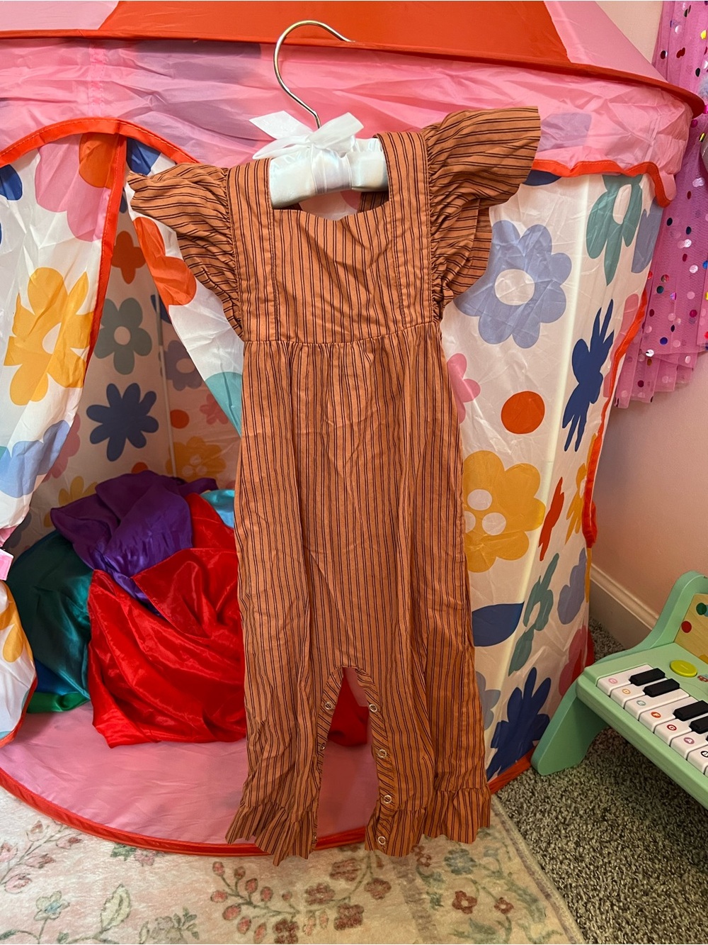 kate quinn Rust and Brown Striped Flutter-Sleeve Romper